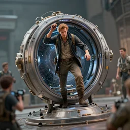 8 k hd professional photography of a time traveler with his time machine, tilt shift, volumetric light
