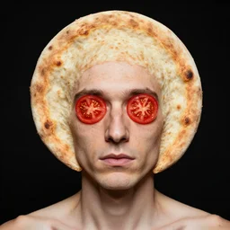 portrait of man with a rare facial deformity making the head a flat and circular disc, looking like a pizza, doughy skin with baked crust appearance, freckles like burnt spots, features that look like tomato slices, soft lighting, sharp focus, highly symmetrical, black background, masterpiece, case photo by letizia battaglia