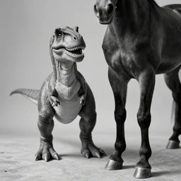 [ [ t rex ] ] and a horse with leg high heels, soft, black and white, photograph, 1 8 5 0 s