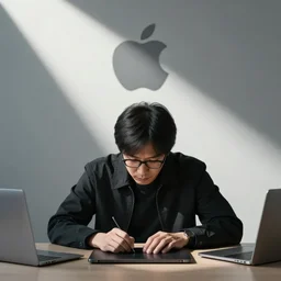Shirstless buff Satoshi nakamoto working at Apple