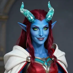 rococo style portrait of a female tiefling of deep blue skin, straight aquamarine crystal horns, shiny dark red hair, shifty lime green eyes and a playful smile wearing teal lined crimson armor and a white cape with red lining, highly detailed masterpiece, artstation trending, 8 k