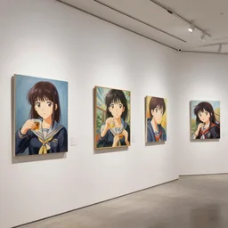 art gallery full of paintings, anime exhibit