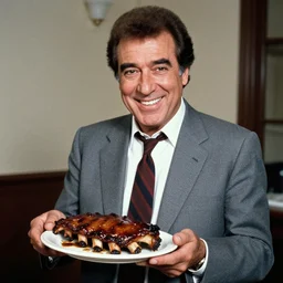 Paul Sorvino smiling dressed in a gray suit and necktie holding a plate of bbq ribs, 35mm film still from 1989