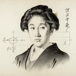 hyperrealistic antique portrait technical drawing, Japonism, highly detailed mathematical notations and Japanese letters, assembly drawing, Ray Tracing Global Illumination, Washi, Ray Tracing Ambient Occlusion, incredibly detailed and intricate, hypermaximalistic, elegant, ornate, hyper realistic, super detailed , Leonardo da Vinci, fibonacci spiral, golden ratio