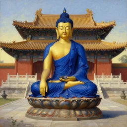 buddhism, temple, blue clothes, painting by greg rutkowski, j. c. leyendecker, artgerm