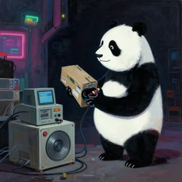 greg manchess painting of a trash panda character, holding a box of cables and standing next to old electronic equiptment, medium shot, asymmetrical, profile picture, organic painting, night time, dark, neon lights, matte painting, bold shapes, hard edges, street art, trending on artstation, by huang guangjian and gil elvgren and sachin teng