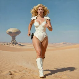 A mixed media portrait painting of a beautiful blonde woman running on a desert alien planet, soldier, very curvy, aesthetic! white style one-piece-bikini-armor and boots, aesthetic symmetrical face and eyes, Scandinavian, by Boris Vallejo, Beeple, Frank Frazetta, Greg Rutkowski, Christian MacNevin, Alphonse Mucha, epic fantasy character art, high fantasy, CGsociety, 60's Sci-fi Pinup style, exquisite detail, post-processing, masterpiece, cinematic