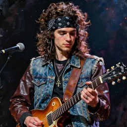 in the style of Joshua Middleton art, beautiful young punk rock man playing guitar, long curly brown hair with black paisley bandana, denim vest over leather jacket, symmetrical face, concept art, impasto painting