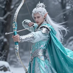 an epic concept art of a handsome androgynous snow elf in a turquoise cape and glittering silver ornate armour stringing a bow, albino skin, winter vibes, evocative dramatic mood, intricate, elegant, by tomasz alen kopera and alphonse mucha, sharp focus, octane render, unreal 5, trending on artstation
