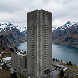 photograph of a massive brutalist building in a high mountain landscape with lakes and snowy mountains,