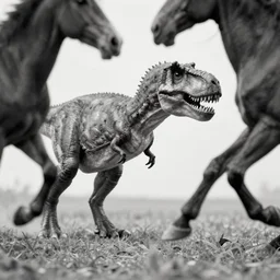 [ [ [ [ [ t rex ] ] ] ] ] and a horse with leg, walk, [ [ movement ] ], soft, black and white, photograph, 1 8 5 0 s