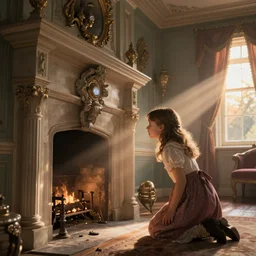 a young girl looking surprised as she discovers a secret passage behind a fireplace in an old victorian mansion, digital painting by greg rutkowski, dutch angle!!, highly detailed, hyper detailed, behance, artstation, cgsociety, morning light, sunrise, cinematic, epic fantasy adventure, mystery, light shafts, god rays