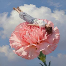 closeup, giant carnation flower head, woman falling, surreal, clouds in sky, impressionist painting, digital painting, artstation, rob gonsalves