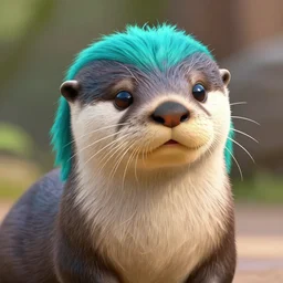 portrait of a gray otter with turquoise hair and orange nose in the style of zootopia. volumetric lighting, subsurface scattering, hyperrealistic, octane render, hyperdetailed