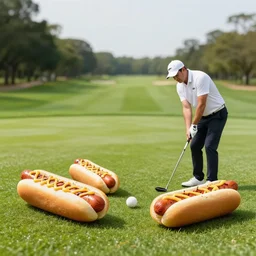 4 5 mm 1 9 6 7 cookbook photgraphy of a hotdog playing golf at a golf course in hell, photography by tyler mitchell johfra bosschart