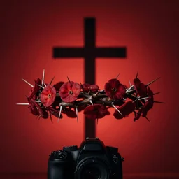 photograph of a crown of thorns, dramatic lighting, red hues, silhouette of a cross, award winning photography, DSLR, wallpaper