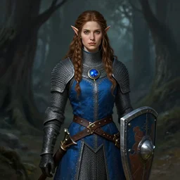 portrait knight female, chainmail, blue surcoat, elf long weaving brown hair, round blue medallion, leather gloves, wide belt scabbard, shield, dark forest, dnd fantasy, intricate, digital painting, artstation, concept art, matte, sharp focus, illustration, hearthstone, art by loes romero, artgerm, mucha
