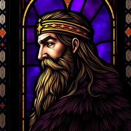 gothic stained glass window, side - view portrait of a determined man, long hair, full beard, golden headband, fur coat, purple background, masterful, backlit