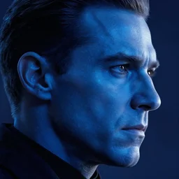 still frame from zach snyder's film adaptation of watchmen showing a closeup of dr manhattan, his blue face in profile, showcasing impressive cgi with subsurface illumination effects.