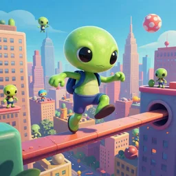 a detailed cute alien in an action parkour freerunning in the style of vivid, colorful, junji ito and escher and kubrick and surrealism, background 1 9 9 0's new york, digital art, artstation hd, ubisoft concept art, concept art