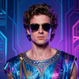portrait of glamor greek god | nick offerman | electric sunglasses | lighting storm background | highly detailed | very intricate | professional model | cinematic lighting | painted by donato giancola and mandy jurgens and charlie bowater | bold colors, artdeco, art deco synthwave blue purple pink aesthestic, 8 0's nostalgia | artstation