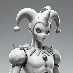 a statue of a court jester with spikes on his head, cyberpunk art by android jones artgerm greg rutkowski gustave dore, cgsociety, intricate platinum cyborg, bionic futurism, fantasy art, angular, zbrush, darksynth, holographic metallic polygonal shards, sharp focus 8 5 mm f 1. 8, ray tracing