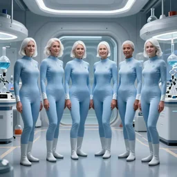 line of six women of varying heights and body shapes, white hair, tight light blue neopren space uniforms, futuristic chemistry lab, sci - fi, highly detailed, cinematic