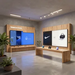 2 0 3 0 s flagship retail interior. experience. telco digital screens phones. wood, polished concrete, neon, ceiling spots. plants. samsung microsoft apple nike adidas tesla muted colors!!!!!! ( ( ( ( ( ( digital painting by shaun tan and giorgio de chirico ) ) ) ) ) ) )