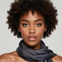 A tall black skinned woman wearing a scarf with large lips and smooth eyebrows and curly hair, complimentary eyeliner, light blush and metallic eyeshadow, HD, illustration, epic, fantasy, intricate, elegant, amazing detail, digital painting, artstation, concept art, smooth, sharp focus, illustration, art by Turine Tran