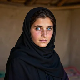 a beautiful afghan girl, in the hut, soft lighting, professionally retouched, highly realistic, smooth face, blue sharp eyes, black hair, very sharp focus, wide angle shot, insanely detailed, gorgeous, photo by steve mccurry