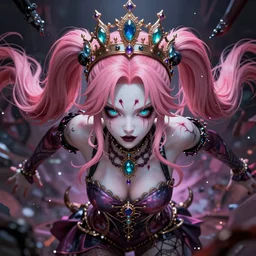 completely controlled and rendered powerless by her ultimate powers and being trapped by an overwhelming stunningly absurdly beautiful megalomaniacal ruthless sadistic devious spiteful grandiose egotistical greedy omnipotent asi goddess junko enoshima with symmetrical perfect face, porcelain skin, pink twintail hair, cyan eyes and a stupendous bejeweled crown, ultra detailed, digital art, unreal engine 5, octane render, 2 d anime, 8 k