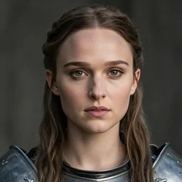 head and shoulders portrait of a female knight, young natalie portman, game of thrones, silken blonde hair, determined, greatsword, armored, athletic, vogue fashion photo