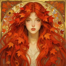 girl with super long hair, hair becoming autumn red leaves, digital painting, symmetric face, art by artgerm and greg rutkowski and alphonse mucha
