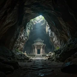 dark cavern underground with a ancient temple in the distance, natural light 4k rendered concept art
