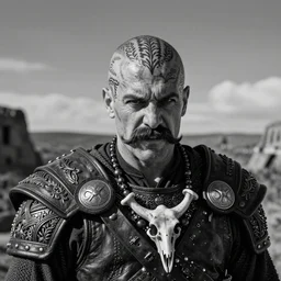 a cinematic view of wide bw photo from a very ornated old renato aragao viking, shaved haircut, mexican mustache, showing nordic tattoos in the head, using leather armour with necklace of bones, naughty expression, photorealistic, volummetric light, depth of field, detailed, texturized, zeiss lens high professional mode