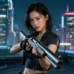 photographic portrait of a techwear woman holding a shotgun, holding gun down, closeup, on the rooftop of a futuristic city at night, sigma 85mm f/1.4, 4k, depth of field, high resolution, full color, award winning photography, Kill Bill, John Wick, Die Hard, movies with guns, movie firearms,