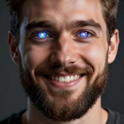 Close up smiling handsome man with glowing galaxy eyeballs and majestic beard, professional studio photography, depth of field, intricate details, photorealistic, high quality. Rendered with autodesk arnold unreal engine octane render Lumion Blender Maxwell.