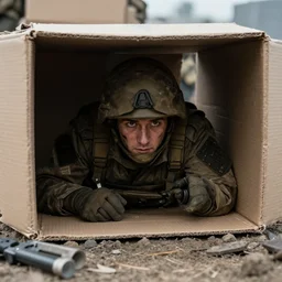 an soldier hiding under cardboard box, in middle of war, cinematic