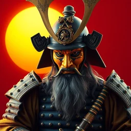 old samurai, with vibrant yellow, colors, surreal, a french baroque by alexander mcqueen, hyper detailed, very detailed, photograph, cinematic lighting, photorealistic, octane render, no red background, big yellow sun in background