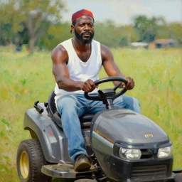 portrait of wwf papa shango riding a lawn mower, an oil painting by ross tran and thomas kincade
