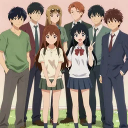 2 anime girls posing with 6 anime boys
