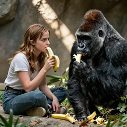 Emma Watson in a zoo with a gorilla while she eats a banana