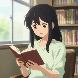 anime portrait of a happy young woman reading a book in a library interior near a window, kyoani, artgerm, krenz cushart, wlop, hiroaki samura, yoshinari yoh, james jean, katsuhiro otomo, erik jones, cel shaded, anime poster