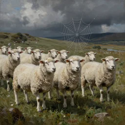 a beautiful painting the sheep included a spider web, hyper realistic