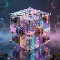 a steampunk cube inside a hypercube consisting of fractals shiny luminescence neocube nanostructure neon colorful detalized lines, background mirror lake in magical colorful fog, octane render, hyper realistic, ultra realistic
