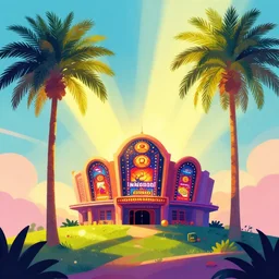 a casino on a hill, 3 palmtrees, brightly illuminated by rays of sun, artstation, colorful sylvain sarrailh illustration