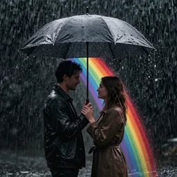 umbrella under a heavy rain, a couple under the umbrella, a rainbow comes from the umbrella and goes down, between the couple, high contrast, the background is very dark, unreal engine 5, artstation winner, 8k, octane render, impressionist post effect applied