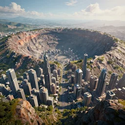 A Hill overlooking a futuristic city overlooking a massive crater, Unreal Engine, 8k, Blender, Photorealistic, Photorealism, CGI