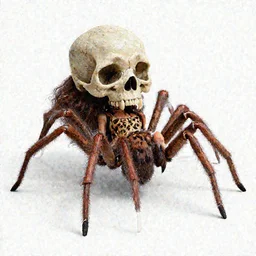 Skull that look too much like skull!, an 8k CG character rendering of a spider-like hunting female on its back, fangs extended, wearing a leopard-patterned dress, set against a white background, with textured hair and skin.