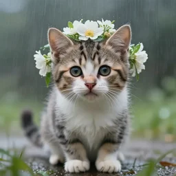 a cute kitten with flowers around its head!!!, rainy, dreamlike art, mist, realistic shaded, fine details, 4 k realistic, cryengine, realistic shaded lighting poster by greg rutkowski, magali villeneuve, artgerm, jeremy lipkin and michael garmash and rob rey